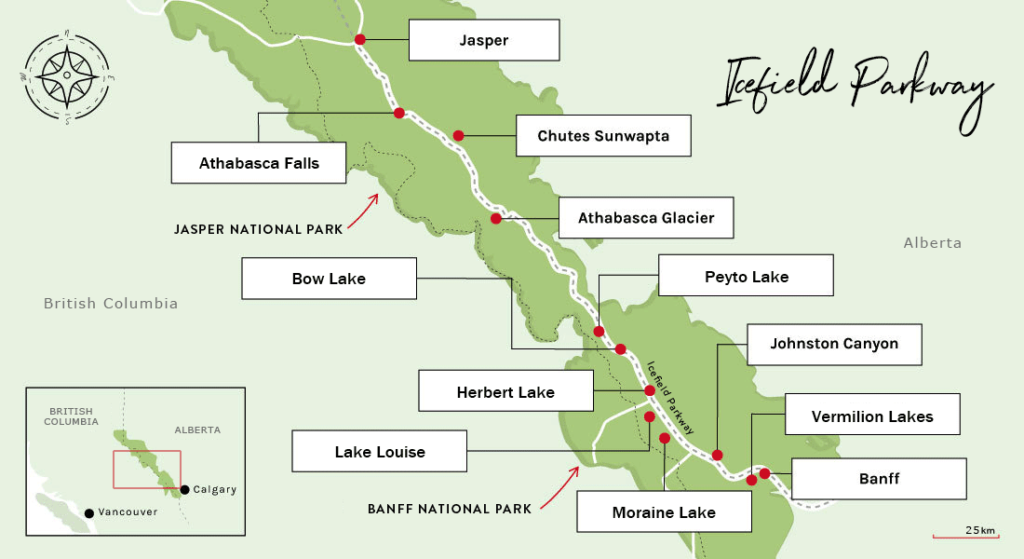 Jasper to Banff Map